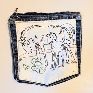 Denim Pouch with Horse Embroidery Pocket Pouch Handmade Zipper Western